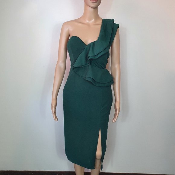 NWOT HELLO MOLLY Cocktail midi pencil dress S 10 shoulder teal  ruffle split - Picture 6 of 11